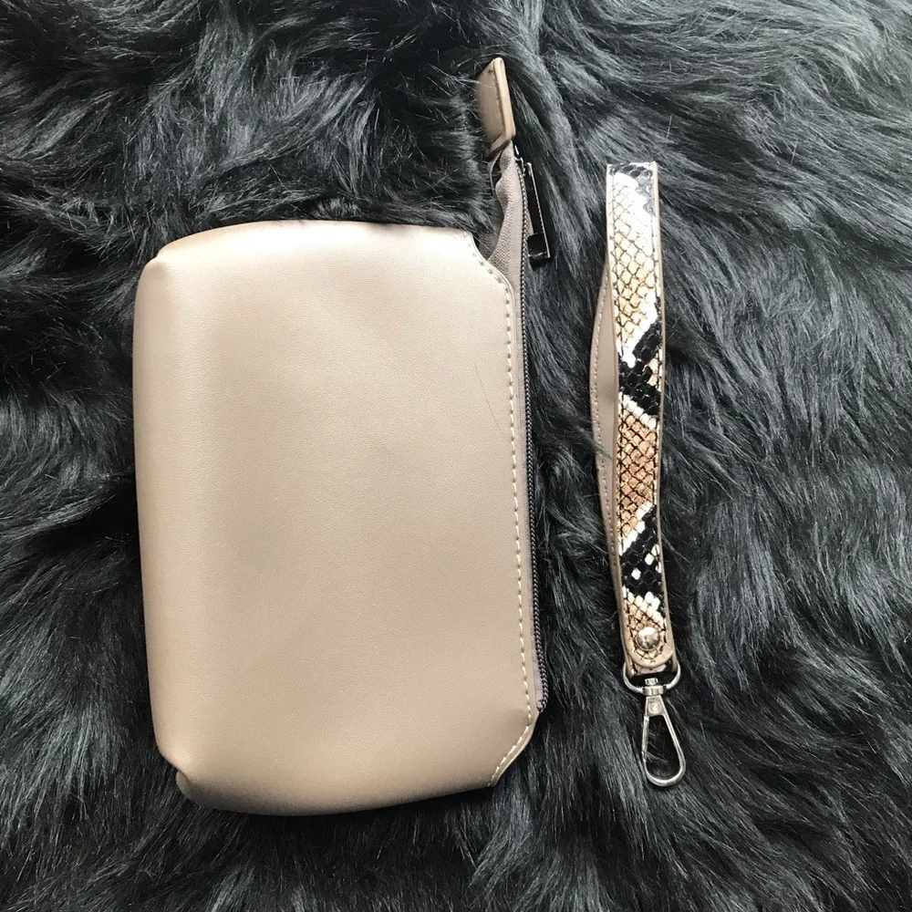 TAUPE LEATHER SHOULDER BAG SNAKESKIN PRINT STRAP